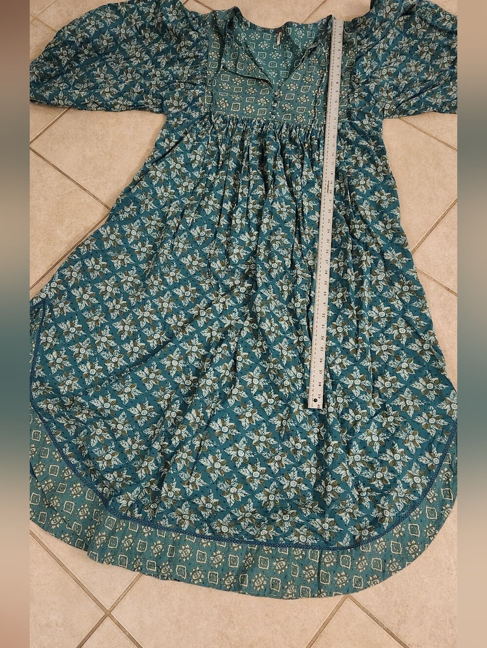 Free People Size L Teal Green Maxi Dress Balloon Sleeve Beaded Detail Stunning - Picture 14 of 17